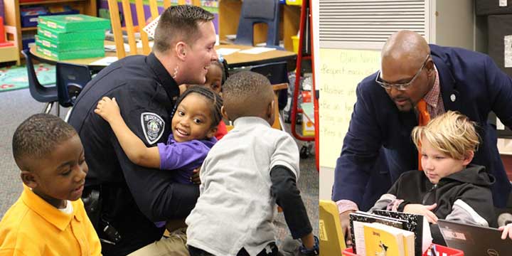 Two images of police officers working with kids